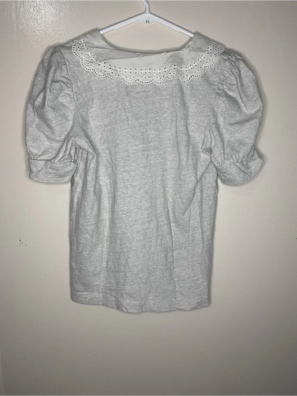 LOFT Eyelet Collar Heather Gray Puff Sleeve Cotton Top Size Small